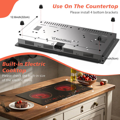 2 Burner Electric Cooktop 110V, 2000W, 24" Countertop & Built-in