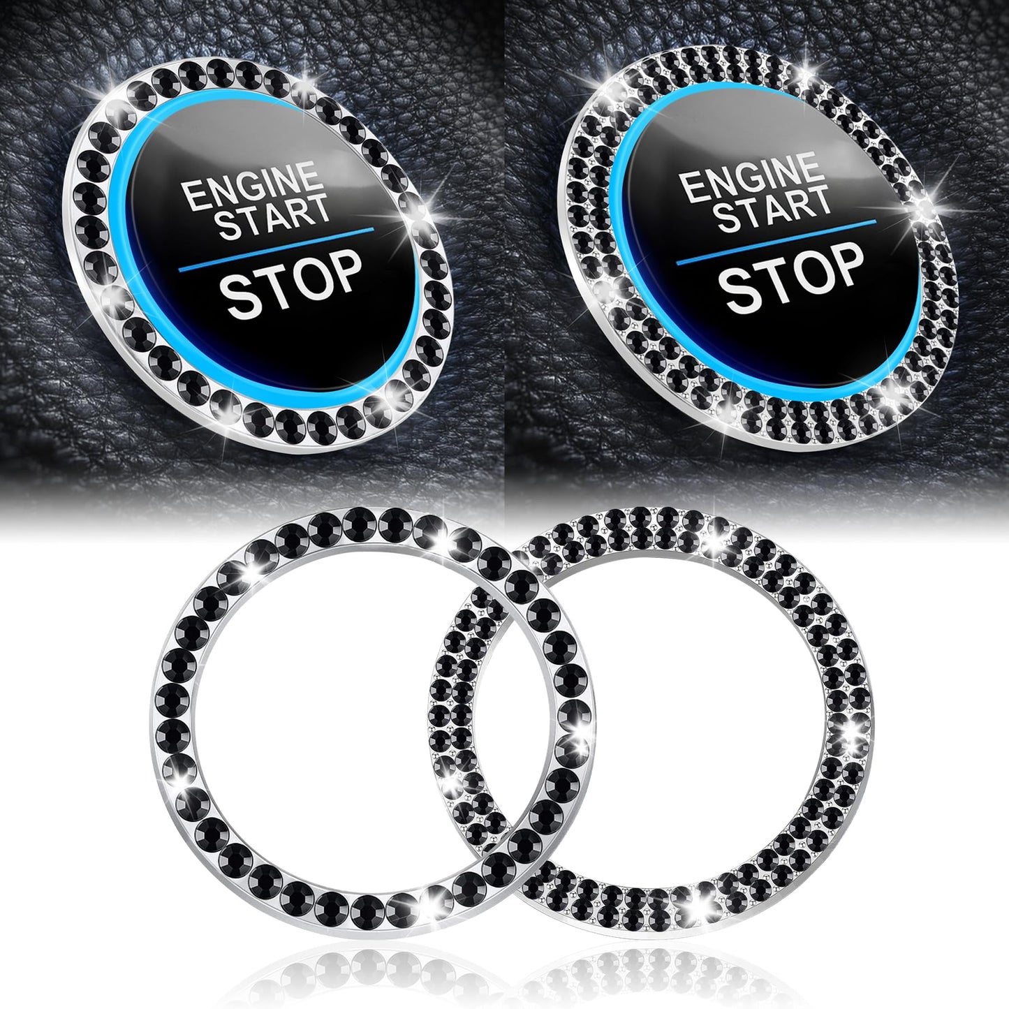 LivTee 2 PCS Crystal Double Rhinestone Car Engine Start Stop Decoration Ring, Bling Car Interior Accessories for Women, Push to Start Button Cover Sticker, Automotive Decals, Light Green