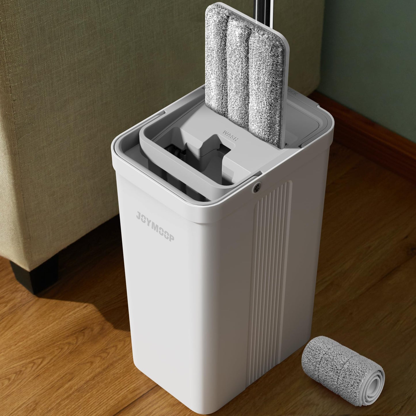 JOYMOOP Wall Mop and Bucket Set, Hands-Free Flat Floor Mop with 3 Washable Microfiber Pads, Wet and Dry Use, Ideal for Home and Commercial Floor Cleaning