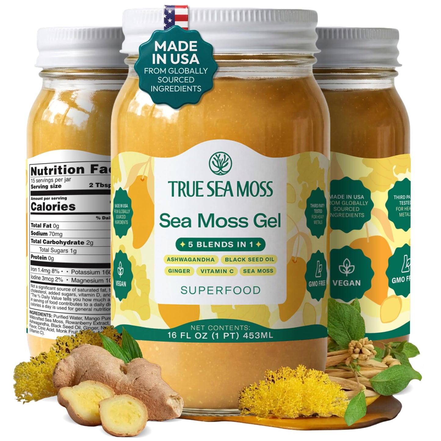 TrueSeaMoss Sea Moss Gel – Made in USA – Wildcrafted Seamoss, Fruits & Jarred Vegetables – Mango, Pack of 3 (Labels may Vary)