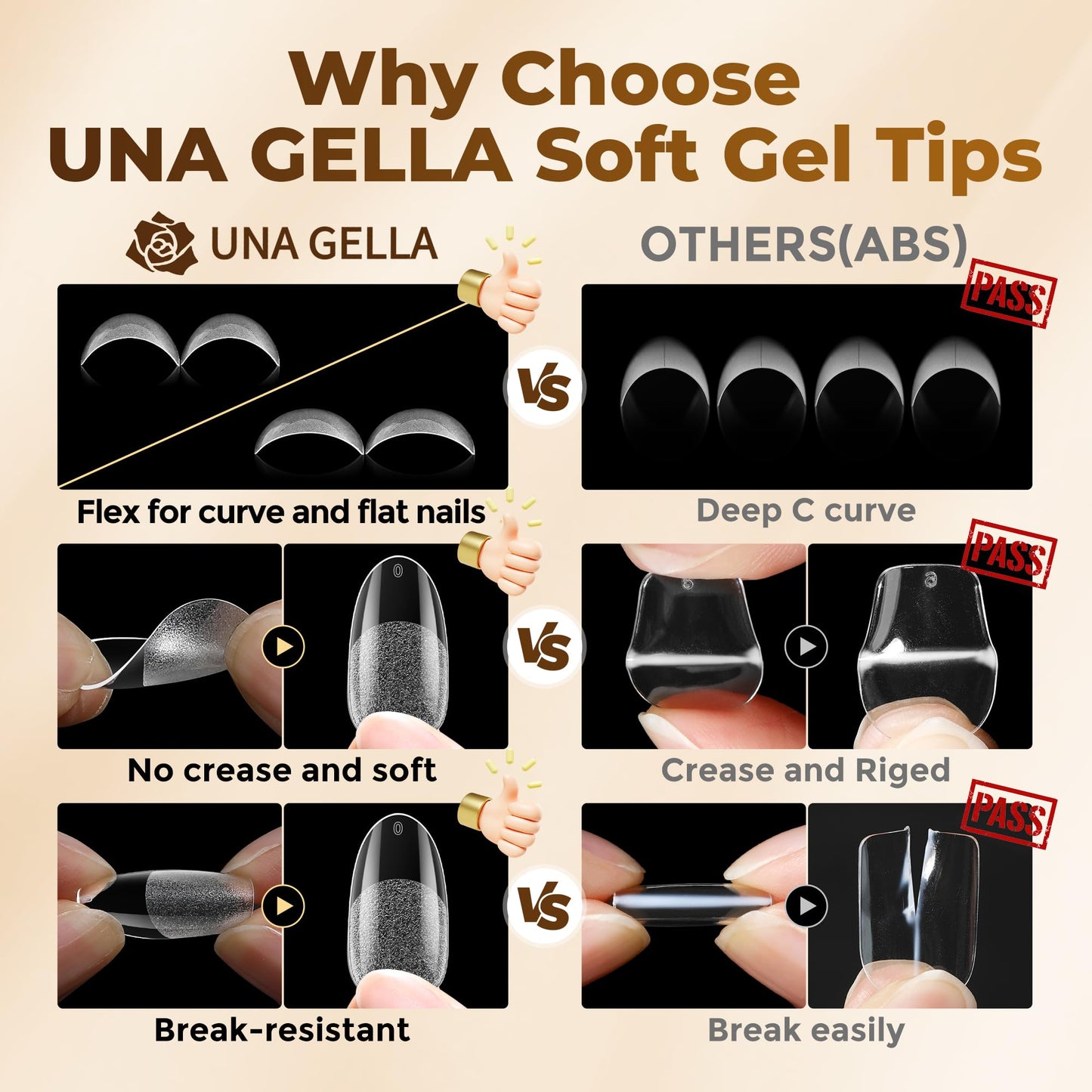 UNA GELLA 504Pcs Medium Pointed Almond Nail Tips, X-Soft Almond Gel Nails