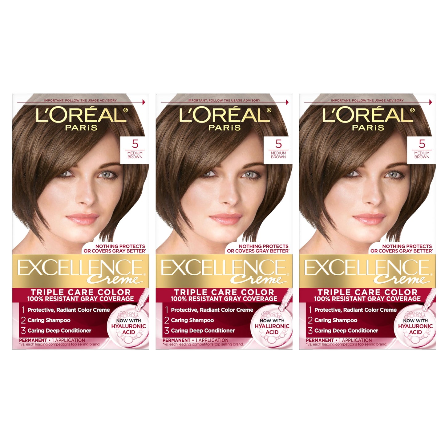 L'Oreal Paris Excellence Crème Permanent Hair Dye, Triple Care Hair Color with Hyaluronic Acid for 100% Gray Coverage, 4 Dark Brown, 1 Kit (Packaging May Vary)
