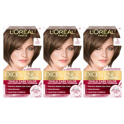 L'Oreal Paris Excellence Crème Permanent Hair Dye, Triple Care Hair Color with Hyaluronic Acid for 100% Gray Coverage, 4 Dark Brown, 1 Kit (Packaging May Vary)