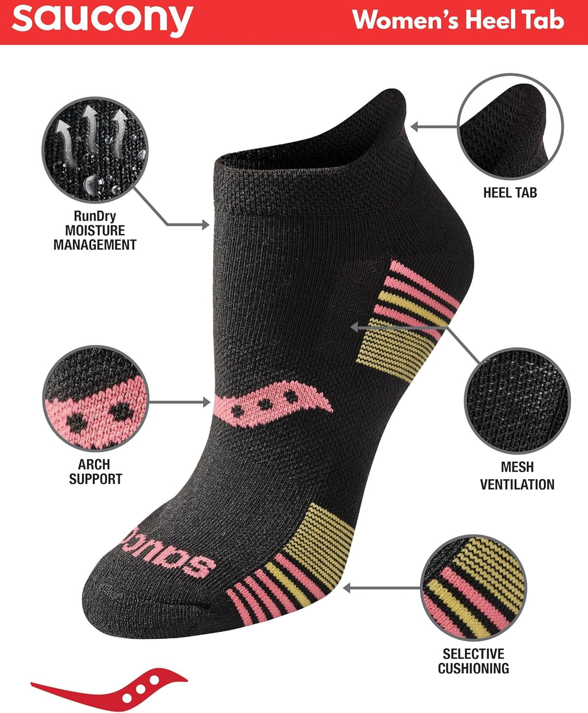 Saucony Women's RunDry Performance Heel Tab Athletic Socks, Available in S-L (8, 16, 24 Pairs)