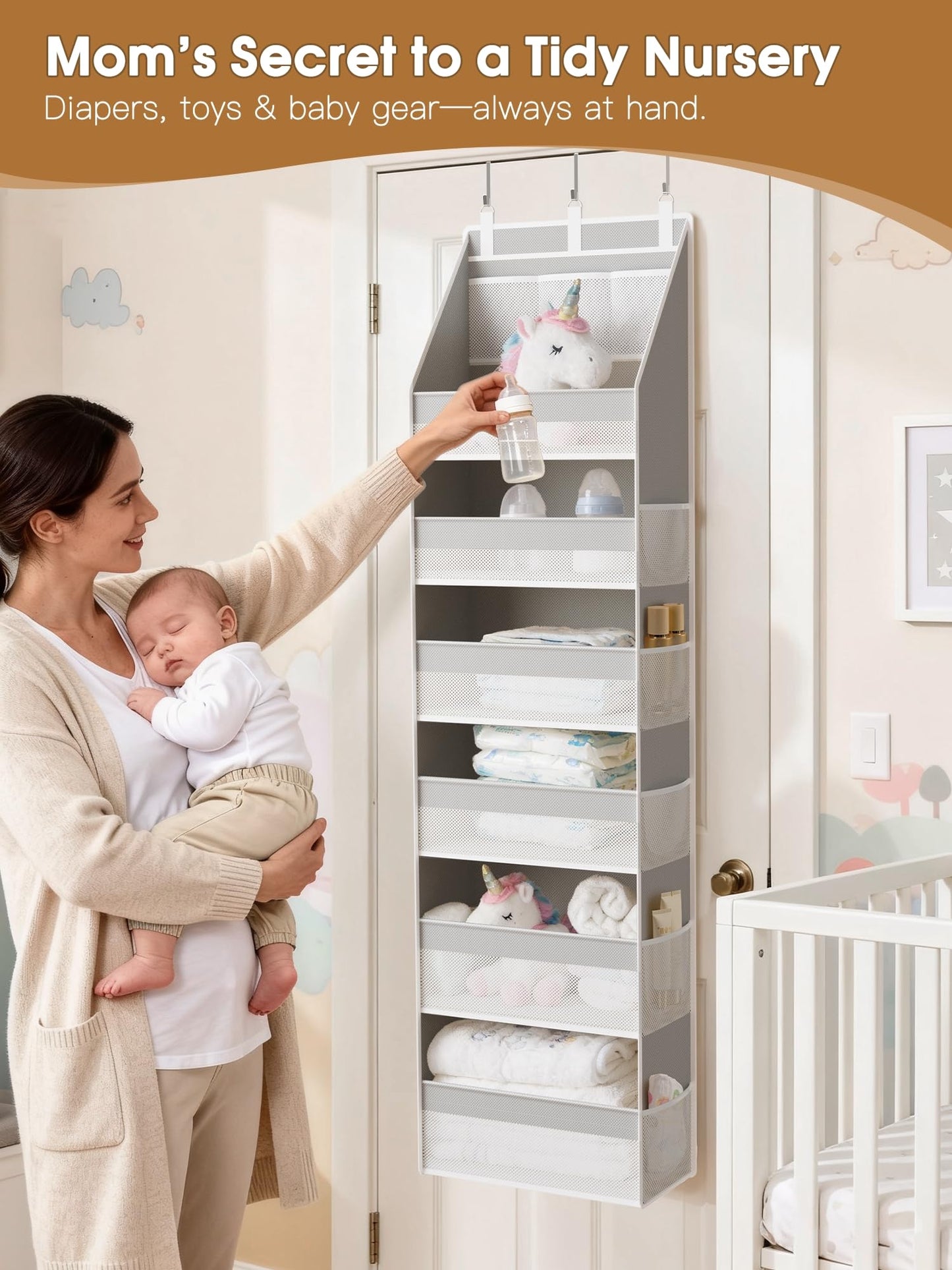 Criusia Over the Door Organizer, Heavy-Duty 6-Shelf Hanging Storage with 13 Mesh Pockets, 55lbs Capacity Behind the Door Storage for Nursery, Bathroom, Bedroom, and Dorm, White