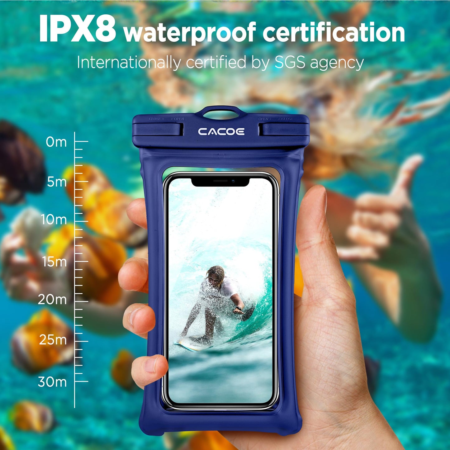 CACOE Floatable Waterproof Phone Pouch 2 Pack Up to 7.0",White+Blue