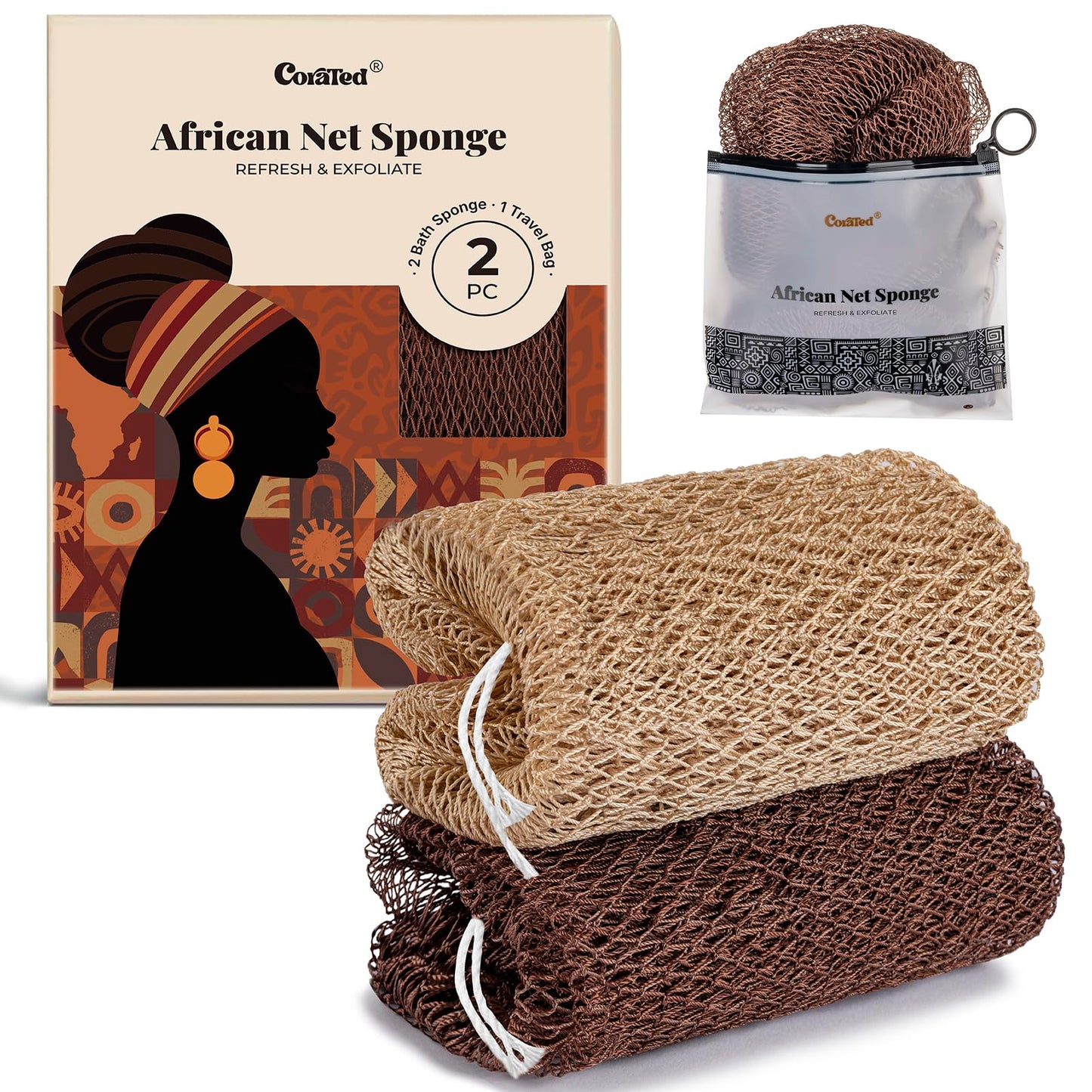 CORATED African Net Sponge with Knots Authentic, Shower Loofah Bath Sponge