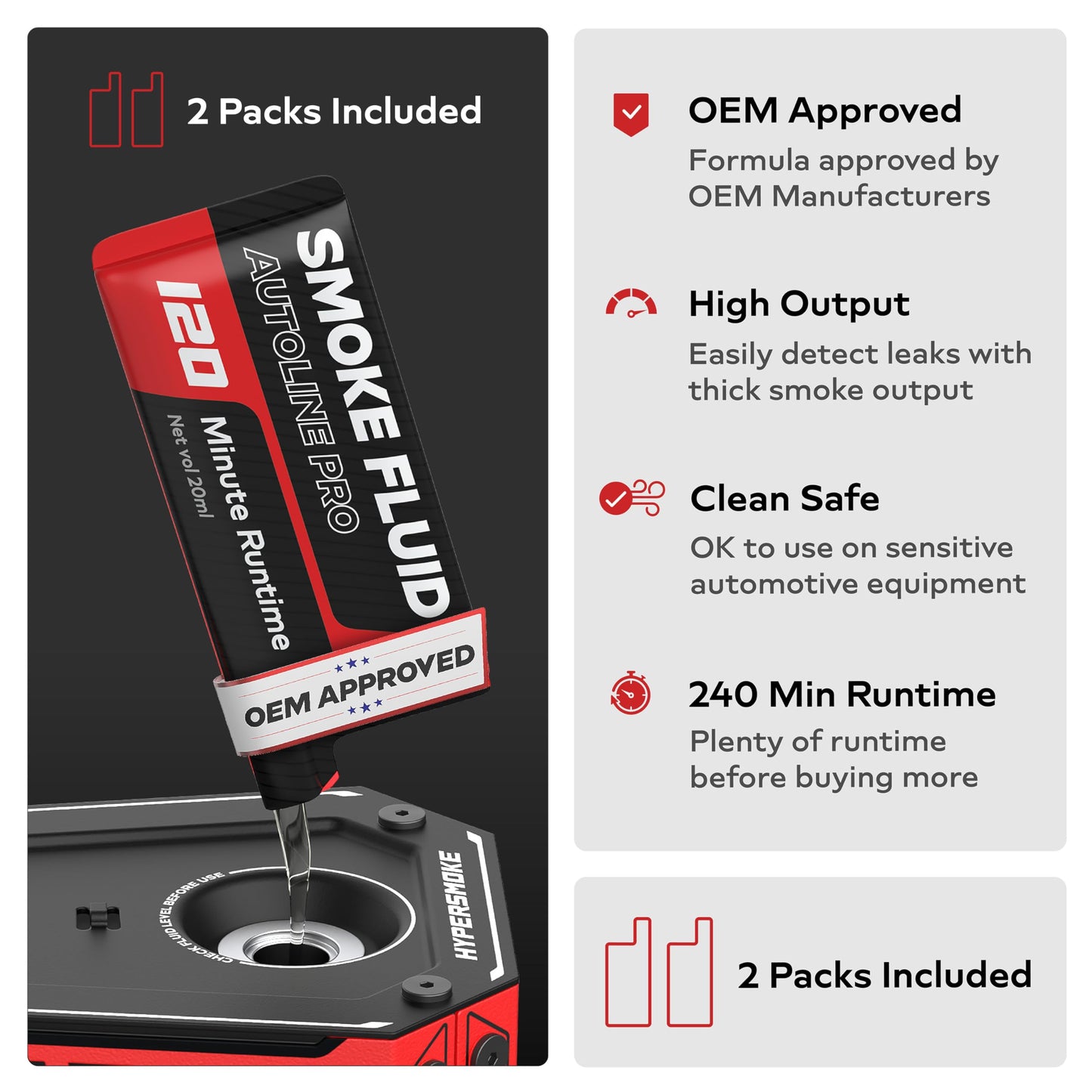 AutoLine Pro HyperSmoke™ Automotive Smoke Machine EVAP Vacuum Leak Tester – Adjustable Pressure – OEM Approved Smoke Fluid – Built-in Air Compressor Motor – Includes Cone and Gas Cap EVAP Adapter.