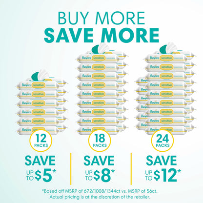 Pampers Sensitive Baby Wipes, Clinically Proven, Fragrance Free, Unscented, Water Based, Hypoallergenic, Multi-Use, Hand Wipes 1008 Wipes Total (18X Flip-Top Packs) [Packaging May Vary]