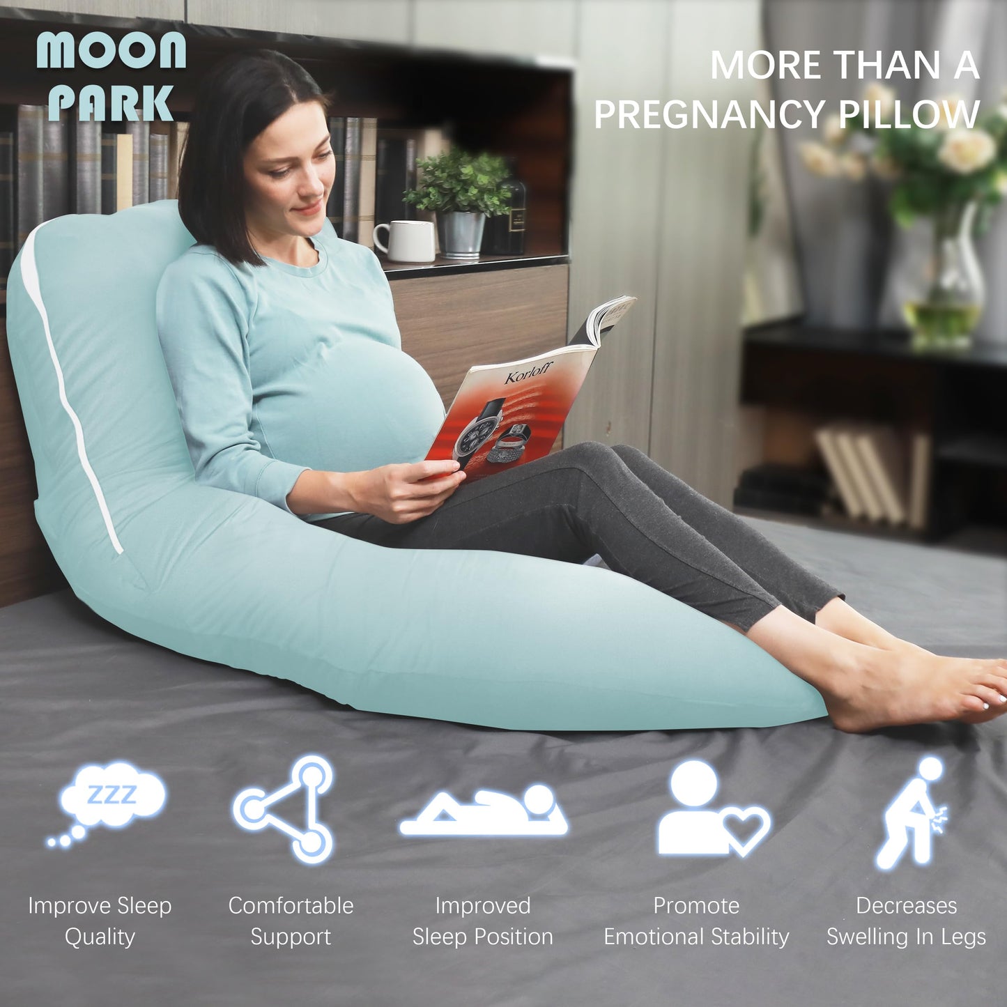 MOON PARK Pregnancy Pillows for Sleeping - U Shaped Full Body Maternity Pillow with Removable Cover - Support for Back, Legs, Belly, HIPS - 65 Inch - Aquamarine