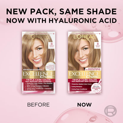 L'Oreal Paris Excellence Crème Permanent Hair Dye, Triple Care Hair Color with Hyaluronic Acid for 100% Gray Coverage, 4 Dark Brown, 1 Kit (Packaging May Vary)