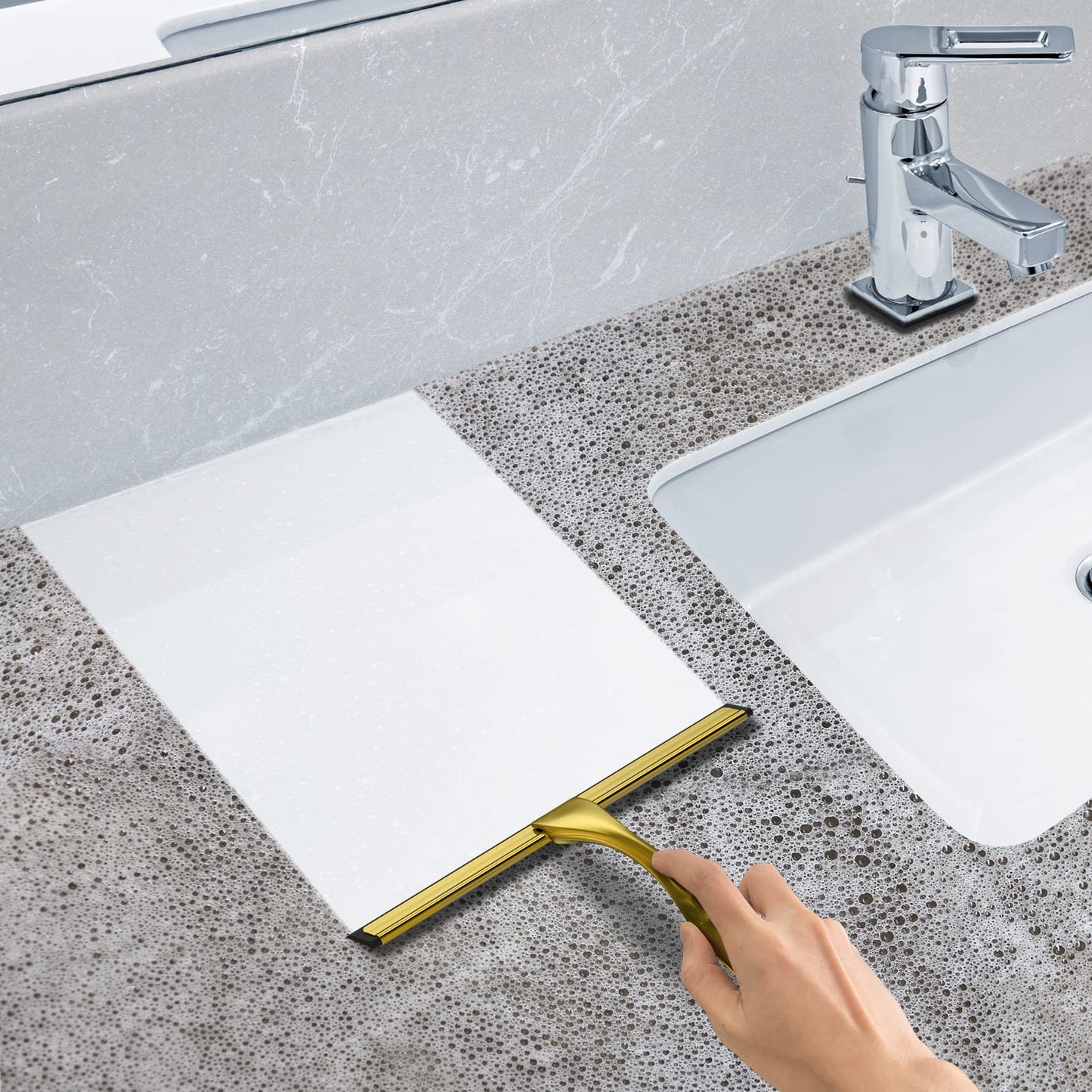 All-Purpose Stainless Steel Shower Squeegee for Shower Glass Door with 2 Adhesive Hooks, Bathroom Cleaner Tool Household Window Mirror Squeegee , Cleaning Tile Wall, Car, 10 Inch Silver