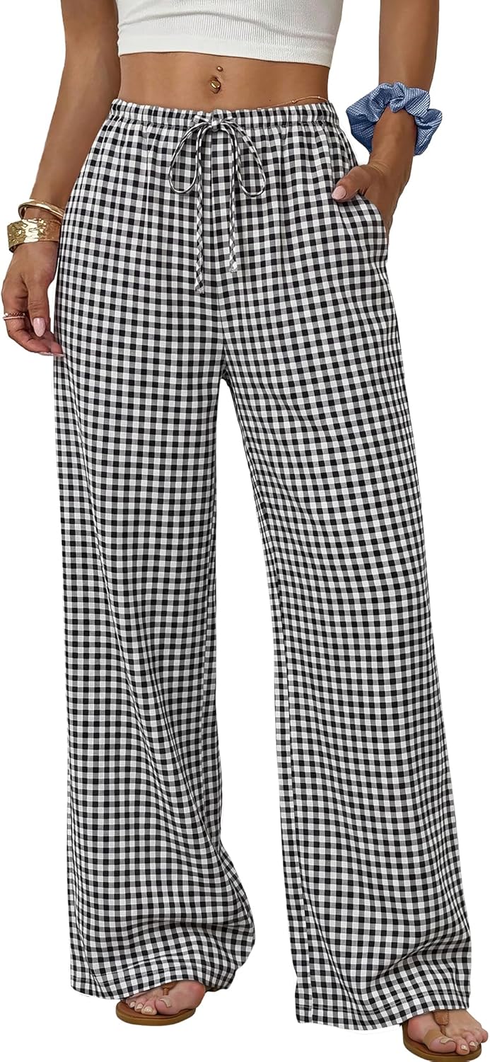 Sampeel Wide Leg Pants for Women Flowy Palazzo Drawstring Elastic Waist Trousers with Pockets Summer Beach Vacation Clothes