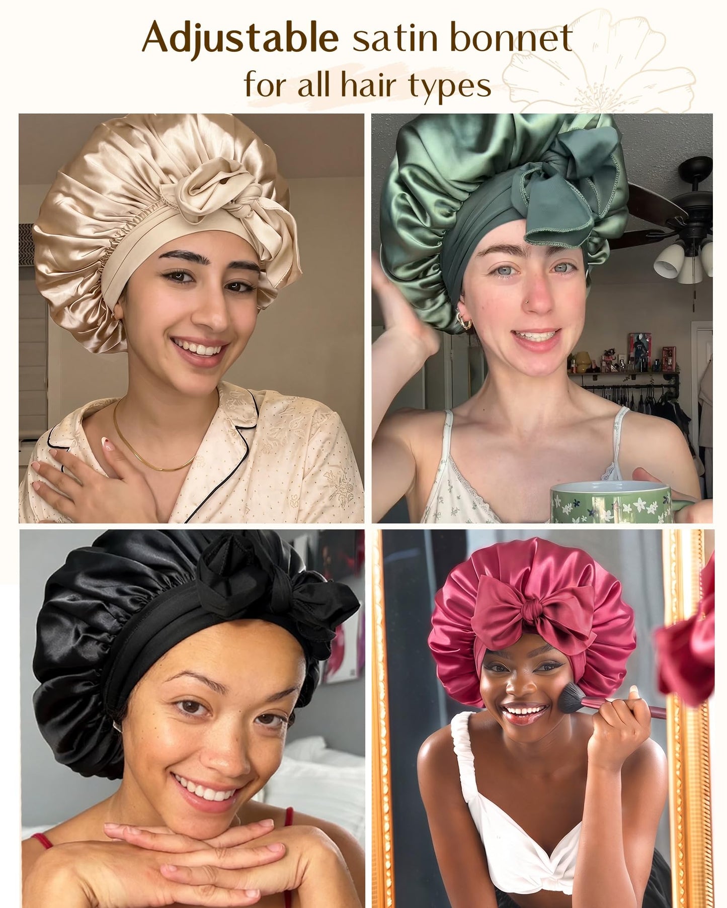 YANIBEST Adjustable Silk Bonnet for Sleeping Women Double Layer Satin Bonnet Reduce Friction Prevent Frizz Curly Hair