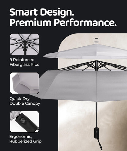 Windproof Travel Umbrella - Compact & Withstands Winds up to 100MPH, Strongest Premium Auto Folding Umbrella for Rain and Sun - Durable, Light & Portable for Women & Men, Fits Backpack & Cars