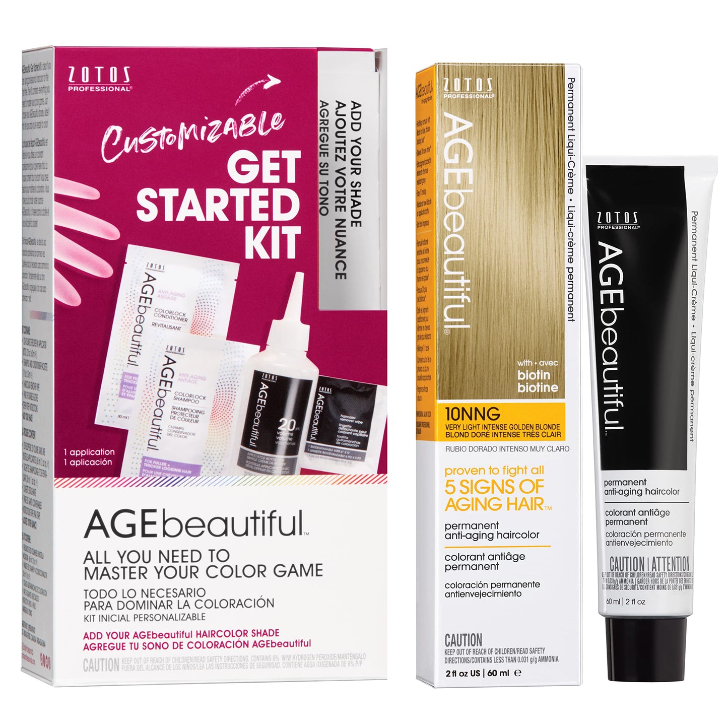 AGE beautiful Permanent Hair Color Cream, 100% Gray Coverage Hair Dye with Biotin Anti-Aging Formula for Fuller, Thicker Hair, Professional Salon Quality