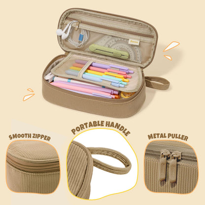 SUNEE Cute Pencil Case, Soft Corduroy Large Capacity Pencil Pouch, Aesthetic Zipper Pencil Bag, Big Storage Pen Organizer for Stationery, Pencil Box Back to School Supplies for Teen Girls Boys, Beige