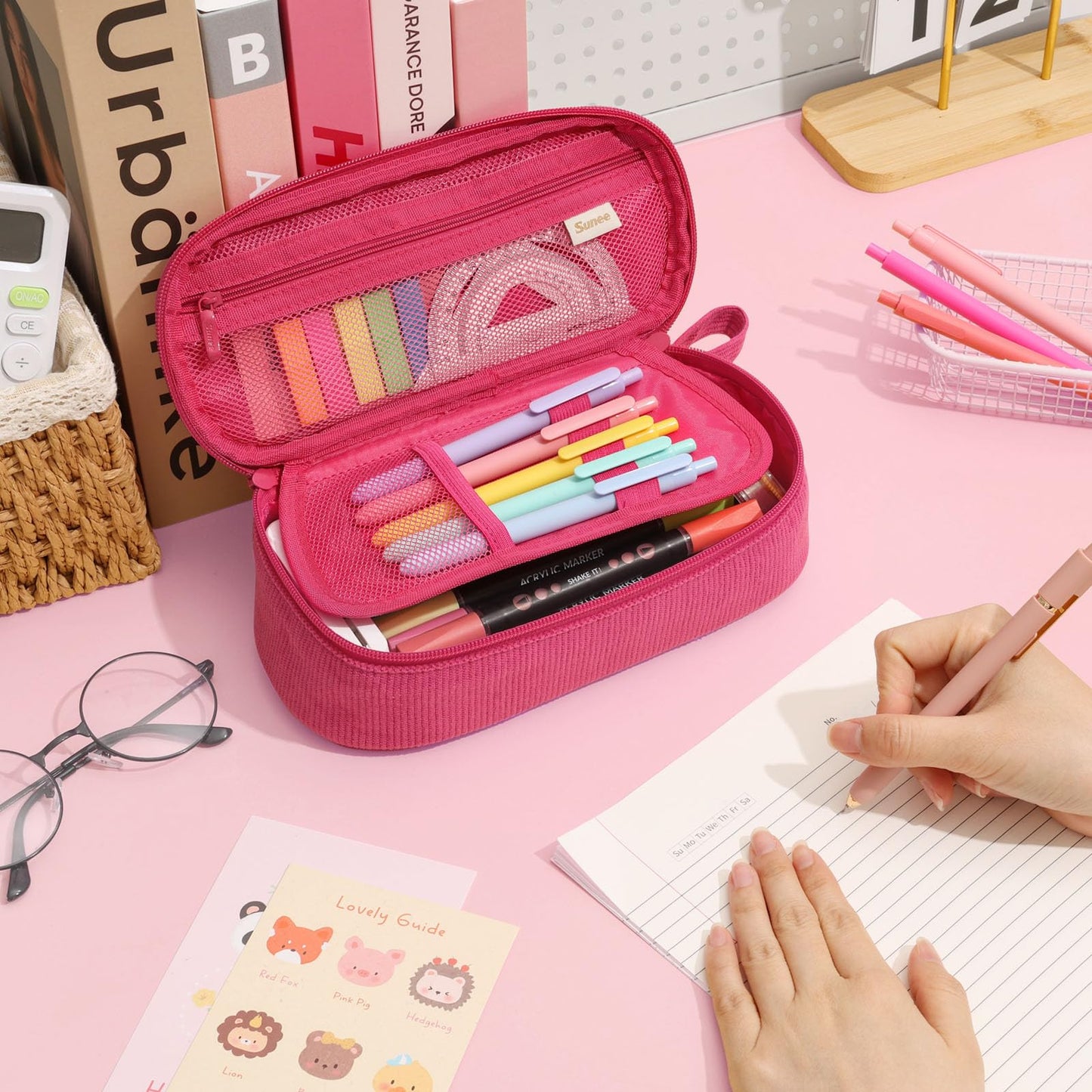 SUNEE Cute Pencil Case, Soft Corduroy Large Capacity Pencil Pouch, Aesthetic Zipper Pencil Bag, Big Storage Pen Organizer for Stationery, Pencil Box Back to School Supplies for Teen Girls Boys, Beige