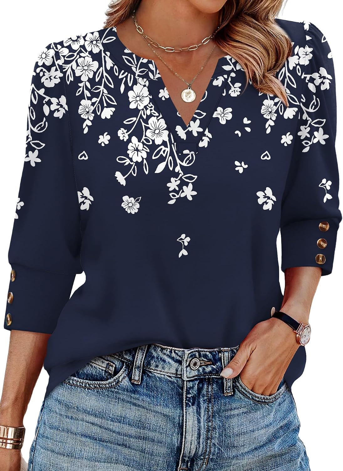 WIHOLL 3/4 Length Sleeve Womens Tops with Button Cuffs Dressy Casual V Neck Summer Outfits Early Fall Fashion Spring Clothes