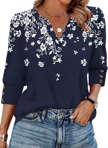 WIHOLL 3/4 Length Sleeve Womens Tops with Button Cuffs Dressy Casual V Neck Summer Outfits Early Fall Fashion Spring Clothes