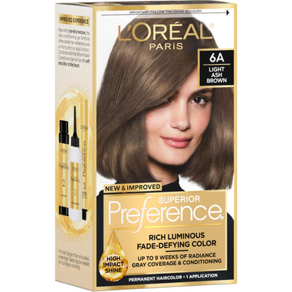 L'Oreal Paris Superior Preference Luminous Fade-Defying Permanent Hair Color, Hair Dye For Up to 9 Weeks of Radiance, Medium Brown 5, 1 Hair Dye Kit