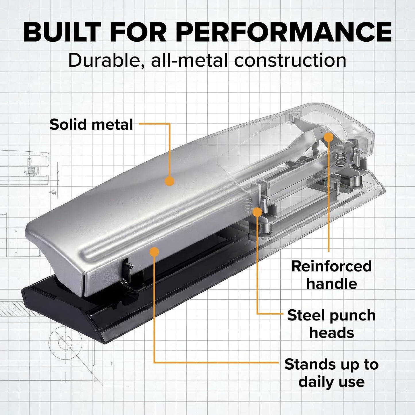Bostitch Office Premium 3 Hole Punch, 12 Sheet Capacity, Metal, Rubber Base, Easy-Clean Tray, Silver