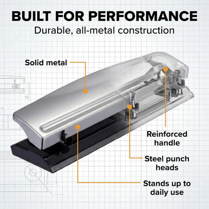 Bostitch Office Premium 3 Hole Punch, 12 Sheet Capacity, Metal, Rubber Base, Easy-Clean Tray, Silver