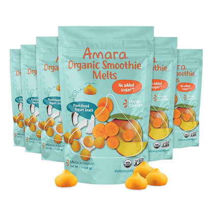 Amara Smoothie Melts - Mango Carrot - Organic Baby Snacks w/ Fruits & Veggies - Plant Based Yogurt Melts - Healthy Toddler Snack - Activity Book Included - Enjoy From 10+ Mos - 6 Resealable Bags
