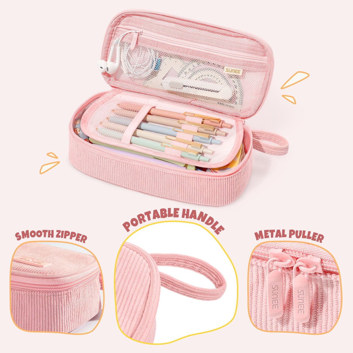 SUNEE Cute Pencil Case, Soft Corduroy Large Capacity Pencil Pouch, Aesthetic Zipper Pencil Bag, Big Storage Pen Organizer for Stationery, Pencil Box Back to School Supplies for Teen Girls Boys, Beige
