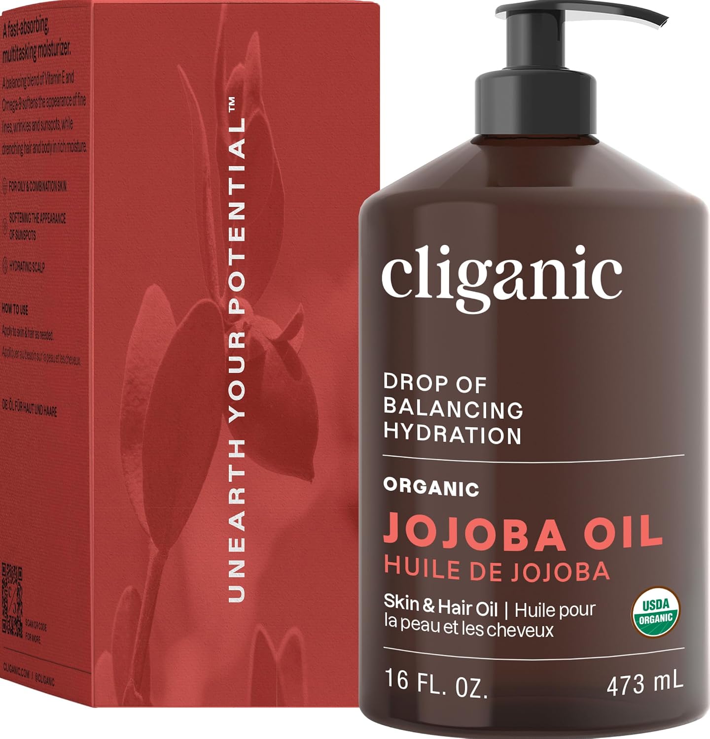 Cliganic Organic Jojoba Oil, 100% Pure Cold Pressed for Face & Hair, 4oz