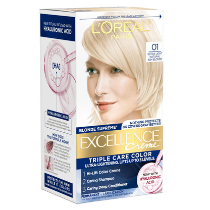 L'Oreal Paris Excellence Crème Permanent Hair Dye, Triple Care Hair Color with Hyaluronic Acid for 100% Gray Coverage, 4 Dark Brown, 1 Kit (Packaging May Vary)