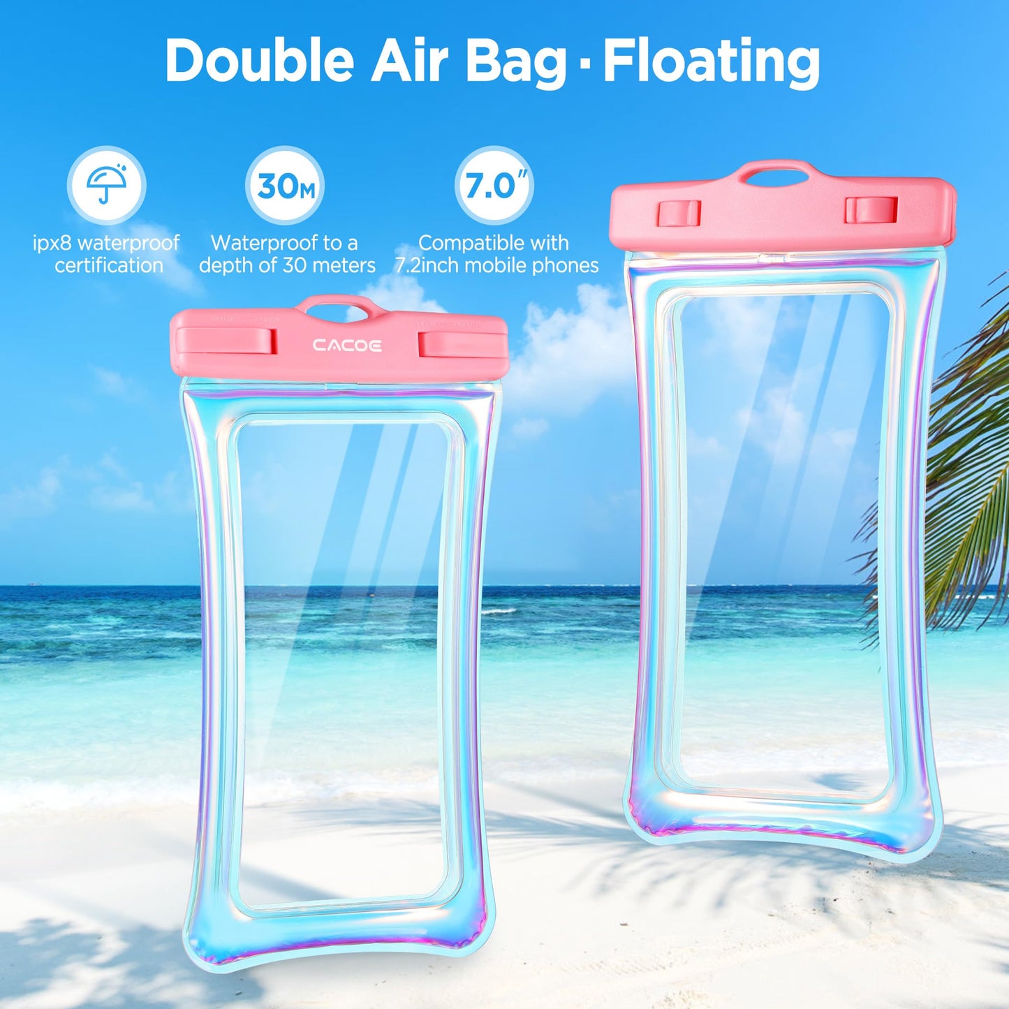 CACOE Floatable Waterproof Phone Pouch 2 Pack Up to 7.0",White+Blue
