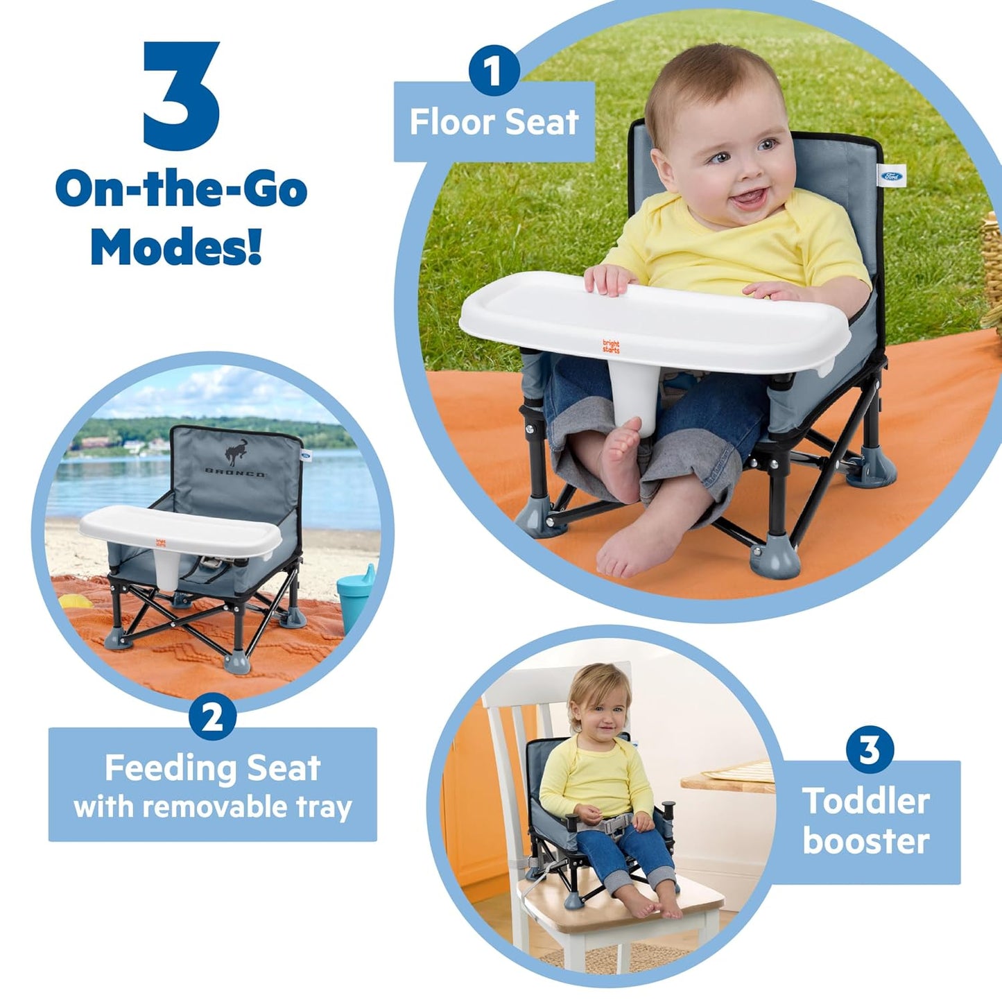 Bright Starts Pop 'N Sit Portable Booster, Indoor/Outdoor Use, Floor Seat with Feeding Tray, Teal, 6 Mos - 3 Yrs