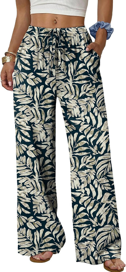Sampeel Wide Leg Pants for Women Flowy Palazzo Drawstring Elastic Waist Trousers with Pockets Summer Beach Vacation Clothes