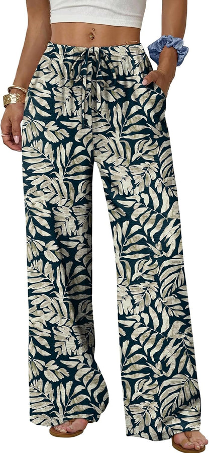 Sampeel Wide Leg Pants for Women Flowy Palazzo Drawstring Elastic Waist Trousers with Pockets Summer Beach Vacation Clothes
