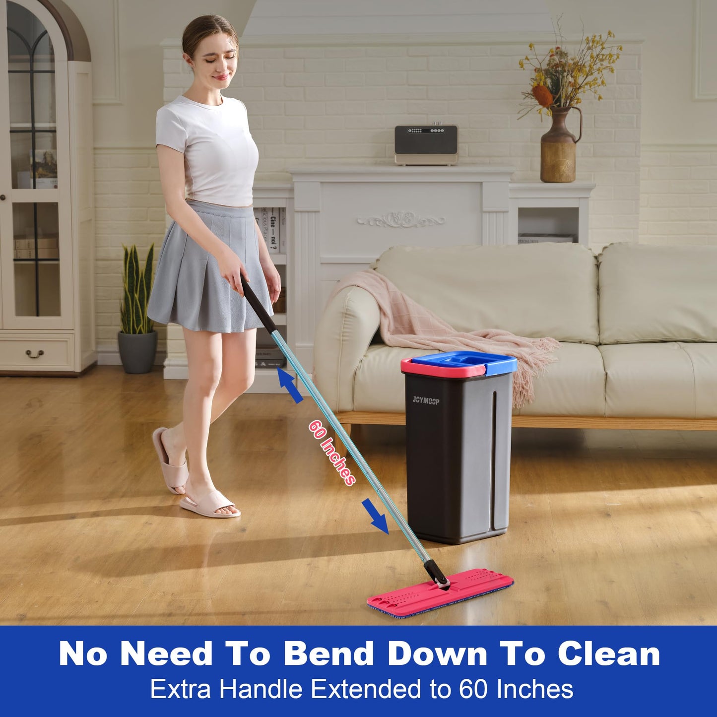 JOYMOOP Wall Mop and Bucket Set, Hands-Free Flat Floor Mop with 3 Washable Microfiber Pads, Wet and Dry Use, Ideal for Home and Commercial Floor Cleaning