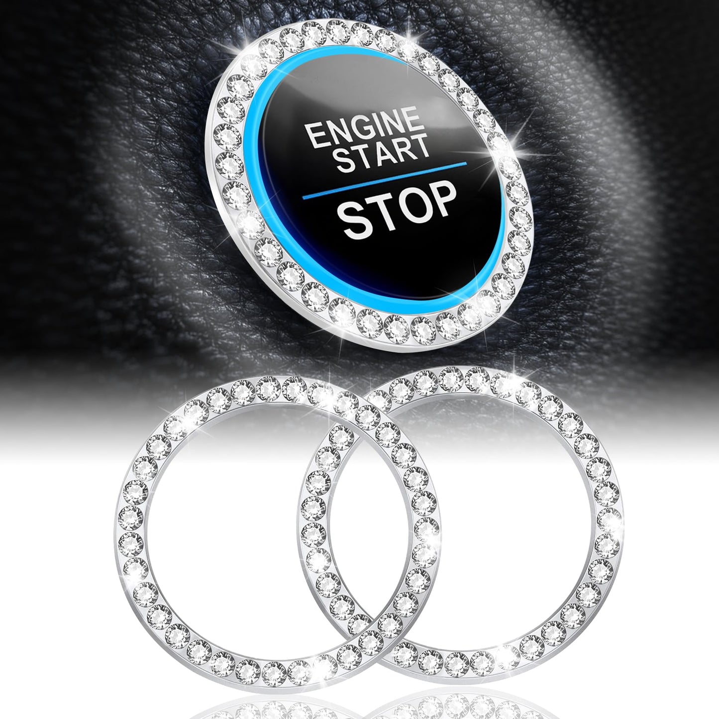 LivTee 2 PCS Crystal Double Rhinestone Car Engine Start Stop Decoration Ring, Bling Car Interior Accessories for Women, Push to Start Button Cover Sticker, Automotive Decals, Light Green