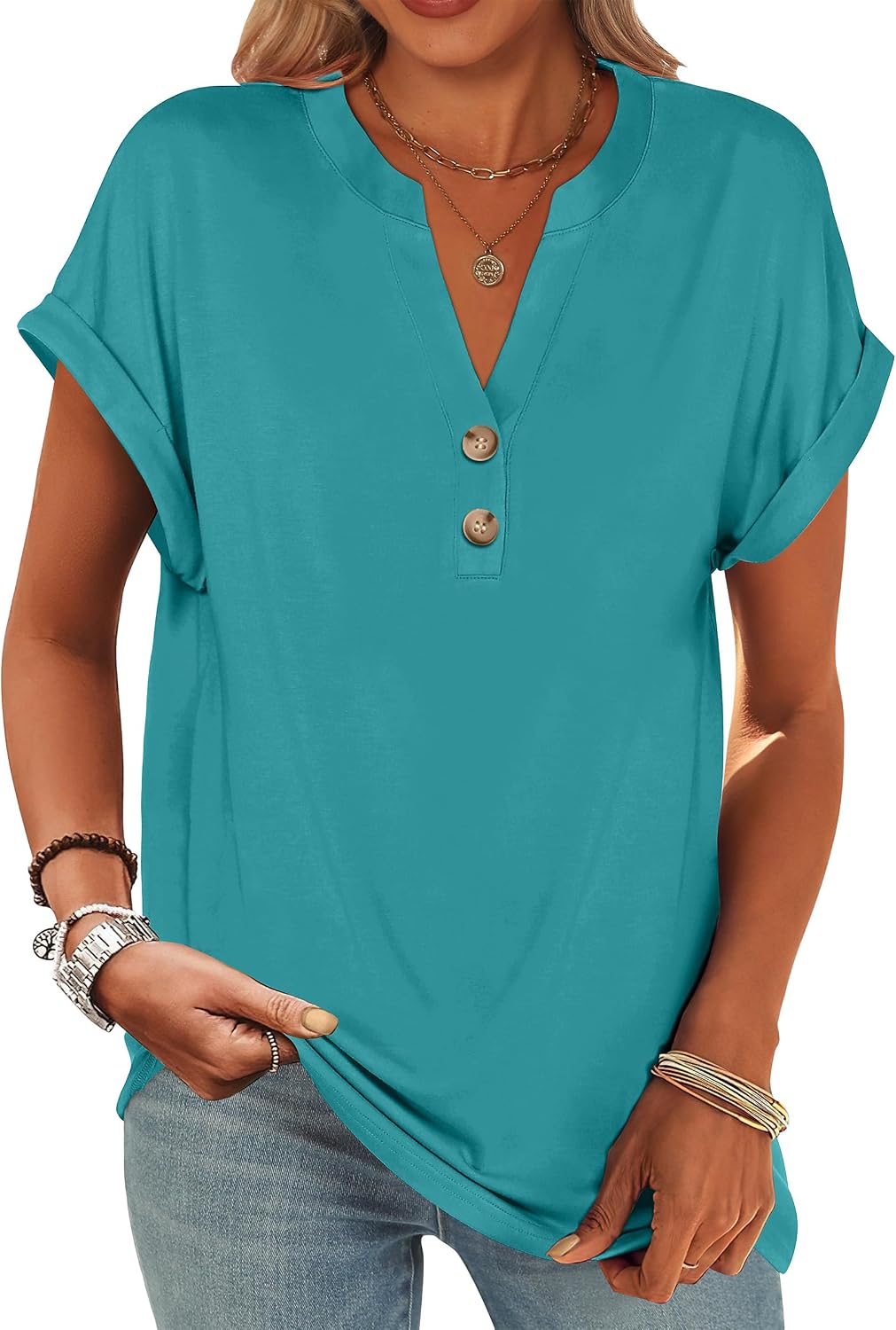ANRABESS Womens Short Sleeve Henley Tops Summer Shirts Dressy Casual Blouse