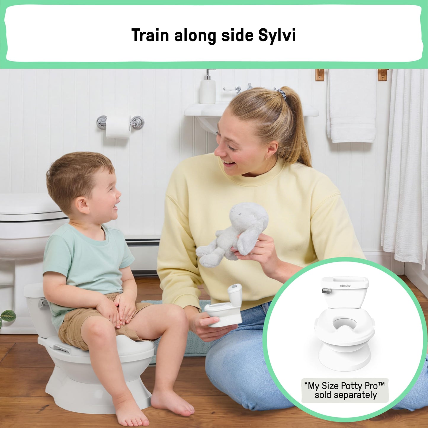 Ingenuity My Size Potty Pro 2-in-1 Potty Training Toilet, Floor Potty with Removable Potty Seat for Standard Toilets, Realistic Flushing Sound, for Toddlers Ages 18+ Months, Up to 50 lb
