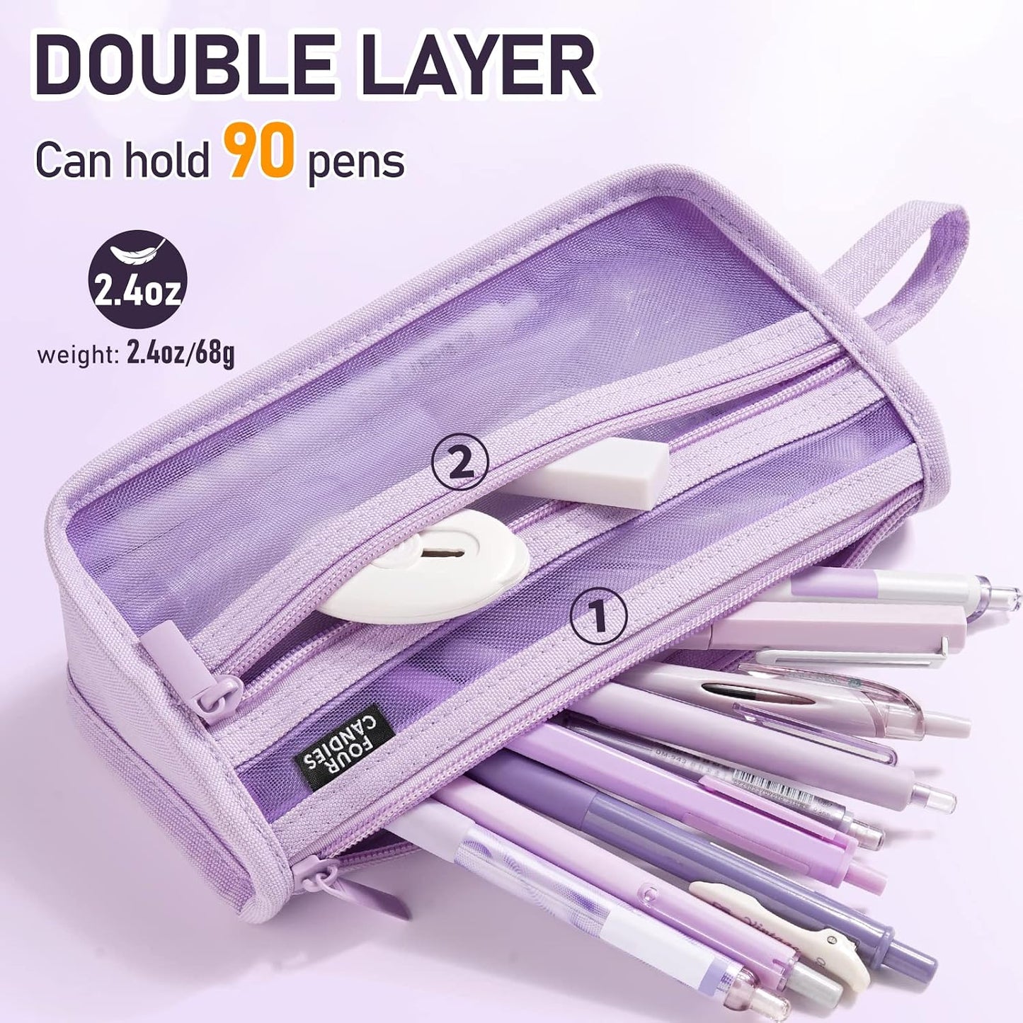 Four Candies Grid Mesh Pencil Case, Clear Double-layer with Handle (Purple)