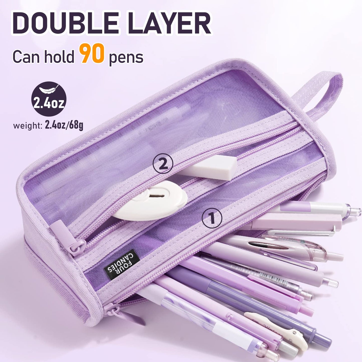 Four Candies Grid Mesh Pencil Case, Clear Double-layer with Handle (Purple)
