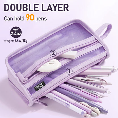 Four Candies Grid Mesh Pencil Case, Clear Double-layer with Handle (Purple)