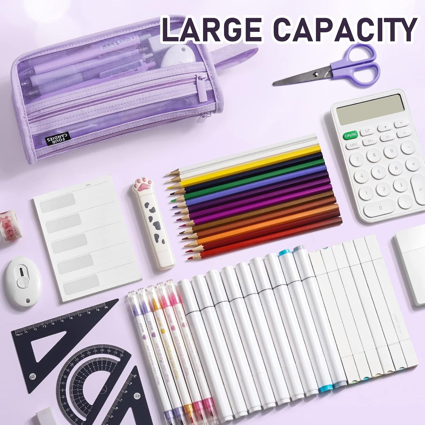 Four Candies Grid Mesh Pencil Case, Clear Double-layer with Handle (Purple)