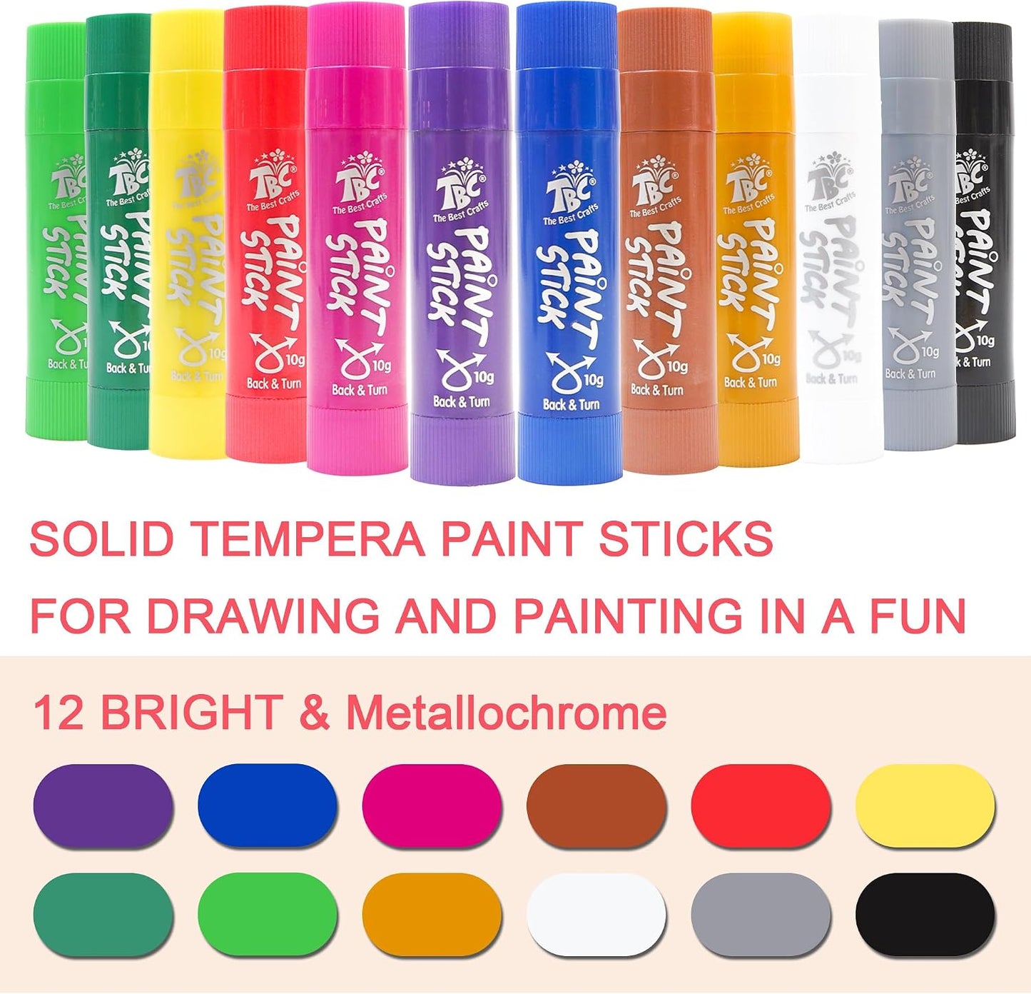 TBC The Best Crafts Paint Sticks for Kids Ages 2-8, 12 Classic Colors