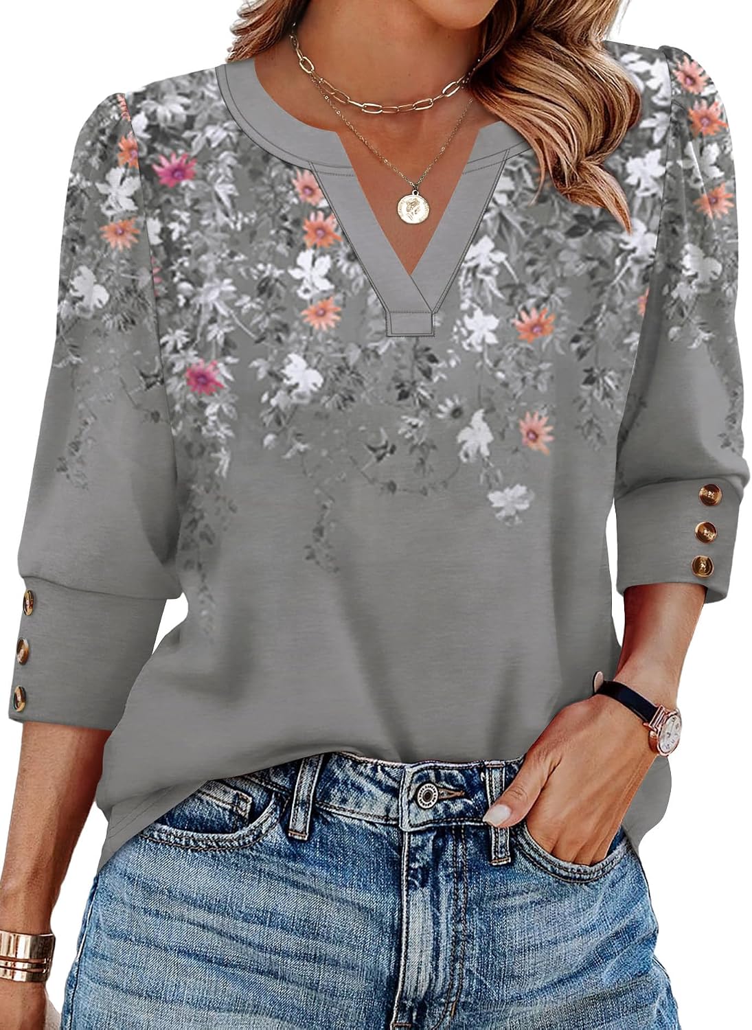 WIHOLL 3/4 Length Sleeve Womens Tops with Button Cuffs Dressy Casual V Neck Summer Outfits Early Fall Fashion Spring Clothes
