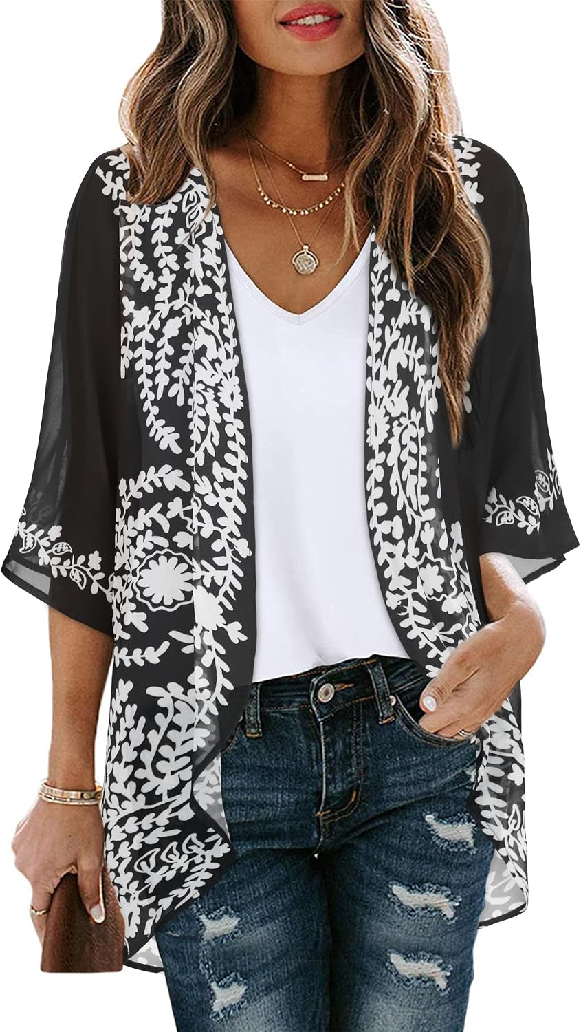 CHICGAL Womens Floral Kimono Cardigan Beach Cover Up Casual Summer Tops