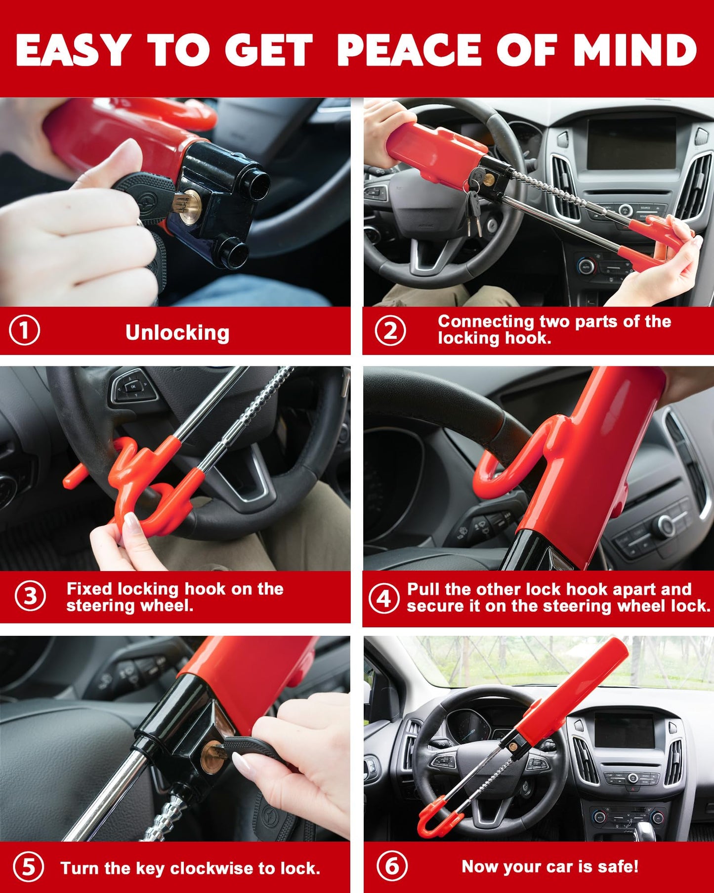 Tevlaphee Steering Wheel Lock Anti-Theft Car Device Heavy Duty Security Car Lock Antitheft Locking Devices Great Deterrent Adjustable Car Wheel Lock Anti Theft for Vehicle Truck with 3 Keys(Black)