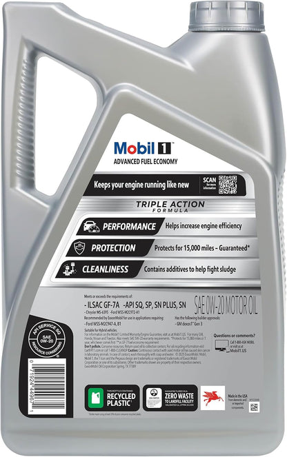 Mobil 1 Advanced Fuel Economy Full Synthetic Motor Oil 0W-20, 5 Quart