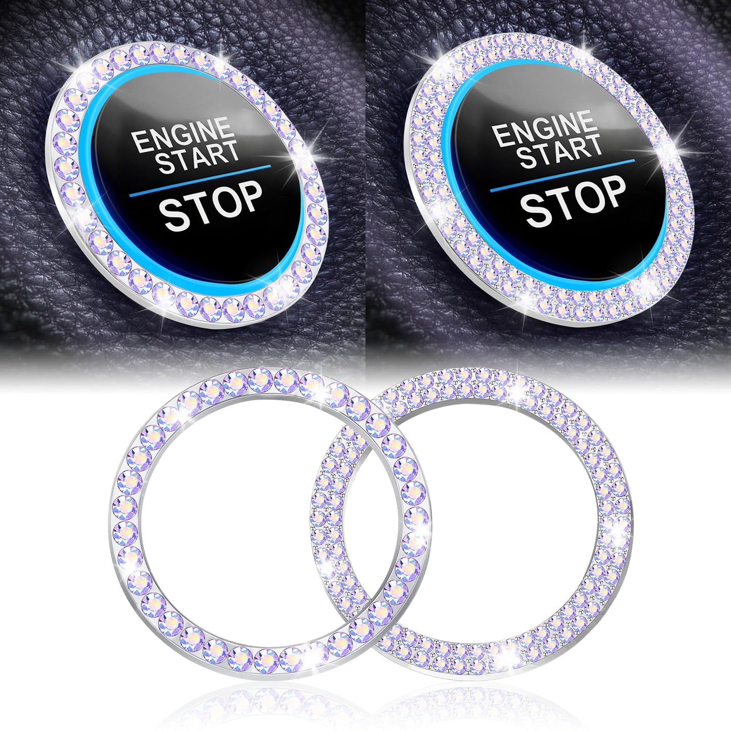 LivTee 2 PCS Crystal Double Rhinestone Car Engine Start Stop Decoration Ring, Bling Car Interior Accessories for Women, Push to Start Button Cover Sticker, Automotive Decals, Light Green