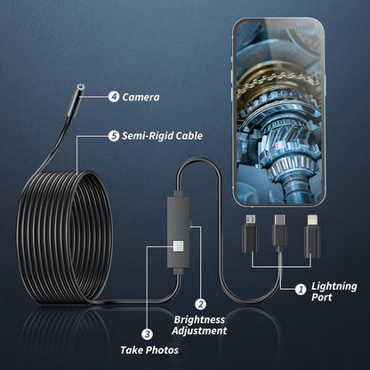 Kinpthy Endoscope Camera with Light,1920P HD Borescope Tools with 8 Adjustable LED Lights, Endoscope with Semi-Rigid Snake Camera, Inspection Borescope for iOS and Android-16.4ft Single Lens